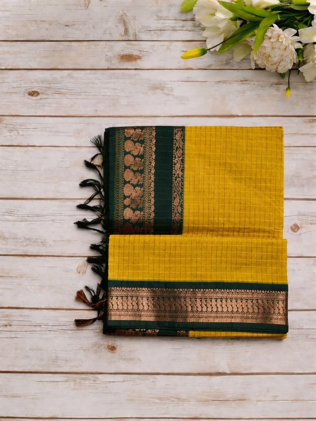 Kalyani Cotton Saree – Mustard Yellow with Green Zari Border | Traditional South Indian Cotton Saree